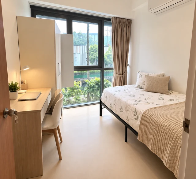 Bed, wardrobe and study area
