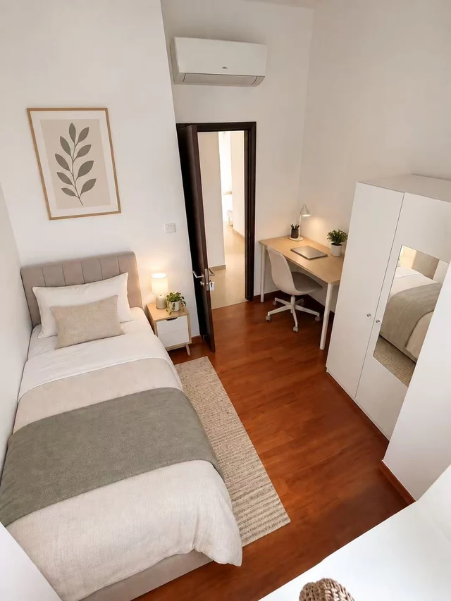 Single bed, desk and wardrobe